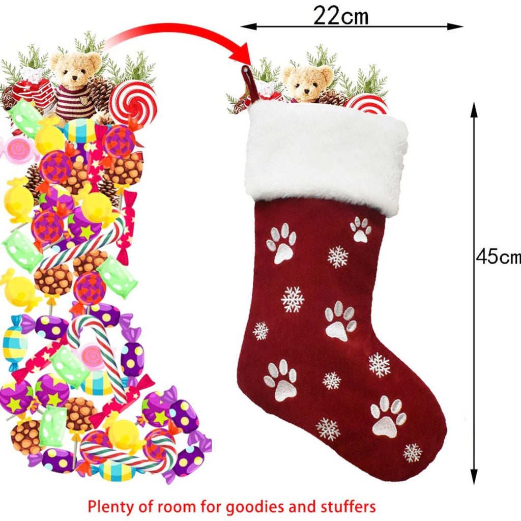 Calcetín Navideño para Mascotas con Huellitas Bordadas